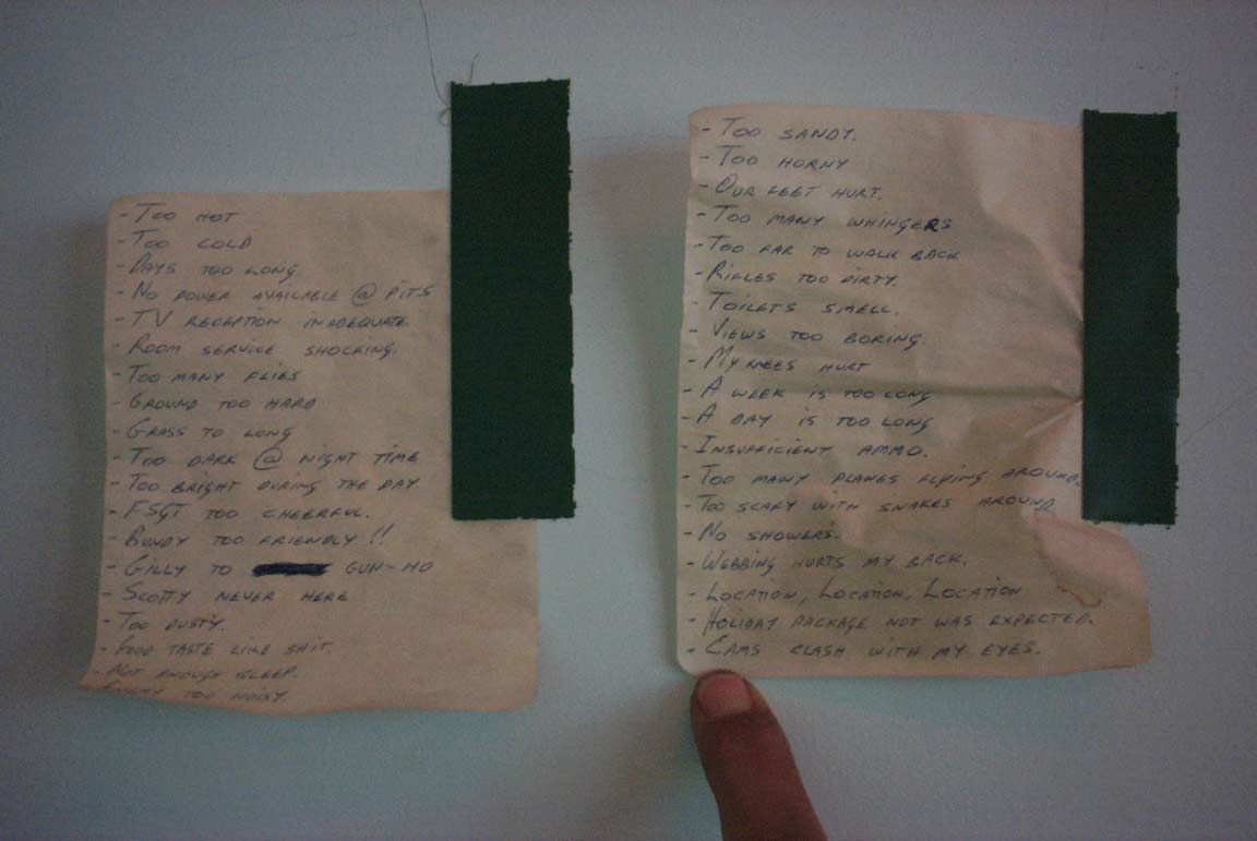 List of complaints left behind at a cadets camp